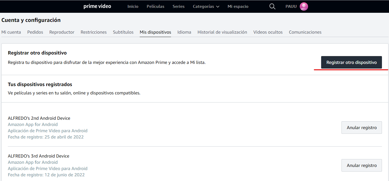 Registrar dispositivo en Amazon Prime video